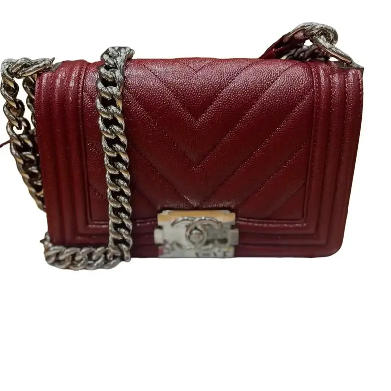 Pre-owned CHANEL Lambskin Crossbody Bags Caviar Chevron Quilted Boy Flap in Maroon 2020 Crossbody Bag with Chain Strap & Auth...