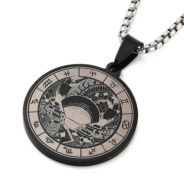 Retro Mandala 201 Stainless Steel Box Chain Constellation Pendant Necklaces for Women Men