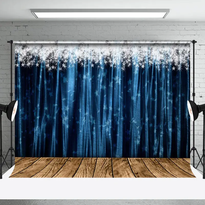 Silver Sparkle Blue Curtain Wood New Year Backdrop - Aperturee