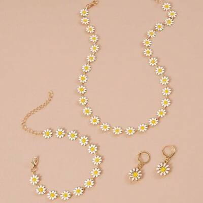 Daisy Alloy Enamel Link Chain Necklaces & Link Bracelets & Hoop Earrings Sets