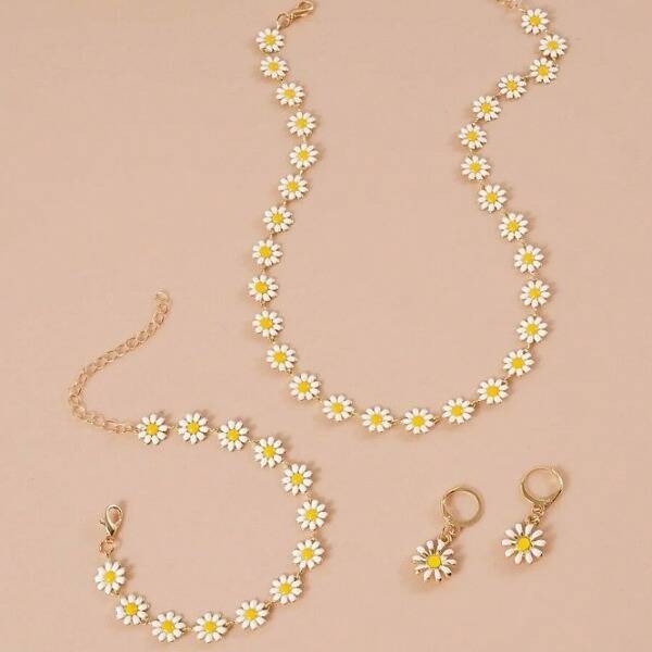 Daisy Alloy Enamel Link Chain Necklaces & Link Bracelets & Hoop Earrings Sets