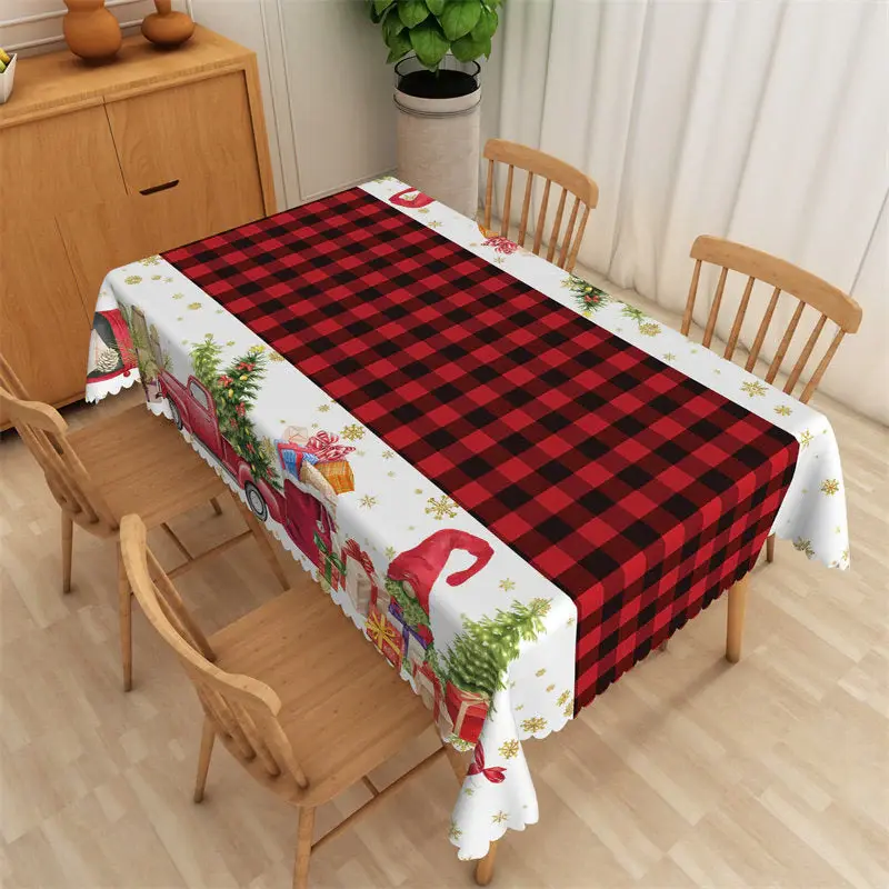 Red Plaid Truck Christmas Tree Rectangle Tablecloth - Aperturee