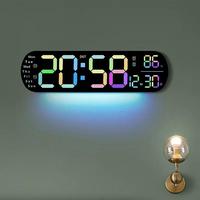Multi Functional Led Display Clock, Modern Oval Design Digital Wall Timepiece with Adjustable Atmosphere Light, Battery/usb T...