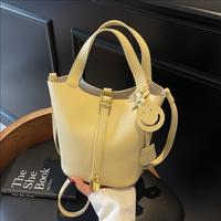 PU Leather Purses and Soft Bucket Bags, Stylish Lock Design Solid Color Tote Bag, Lychee Pattern Basket Bags