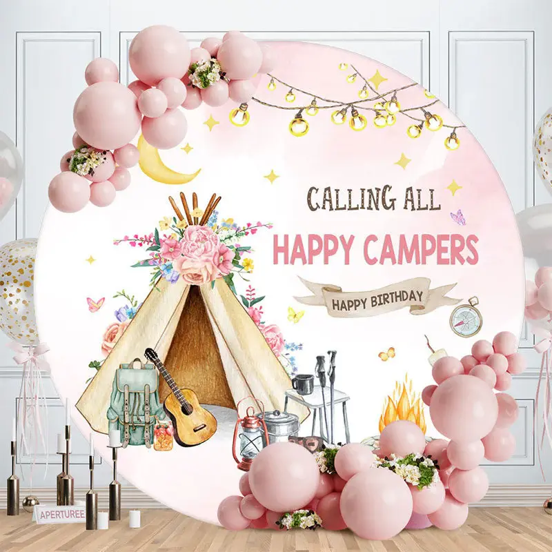Calling All Happy Campers Round Birthday Backdrop - Aperturee