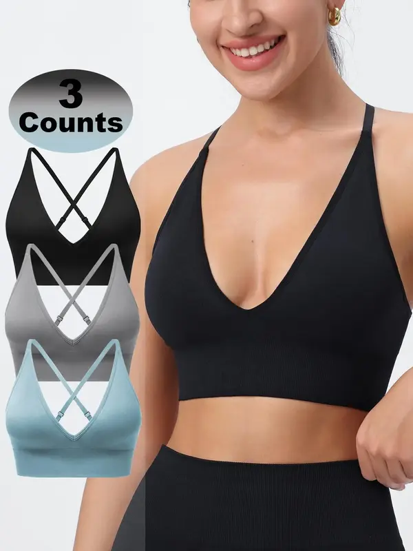 Women's Solid Criss Cross Wireless Sports Bra, Adjustable Shoulder Straps with Detachable Chest Pad, Sports Bra for Women, Ac...