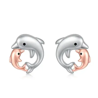 Sterling Silver Two-tone Dolphin Stud Earrings