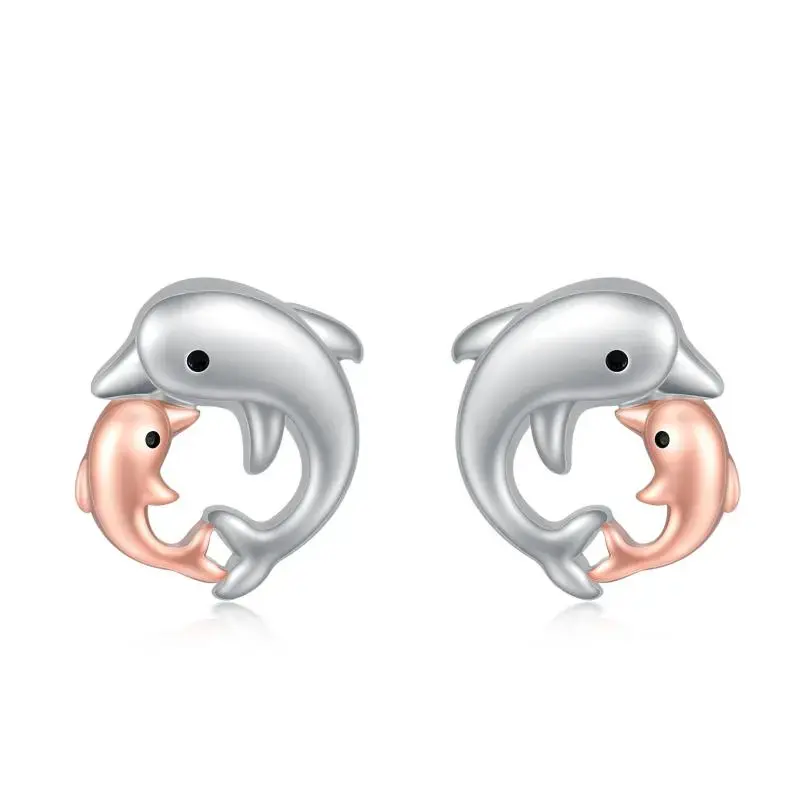 Sterling Silver Two-tone Dolphin Stud Earrings