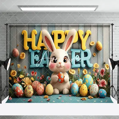 Aperturee Wood Wall Bunny Color Eggs Floral Easter Backdrop, 3X2FT(1MX0.6M), 14 USD, easter backdrops, ZHF437A-M
