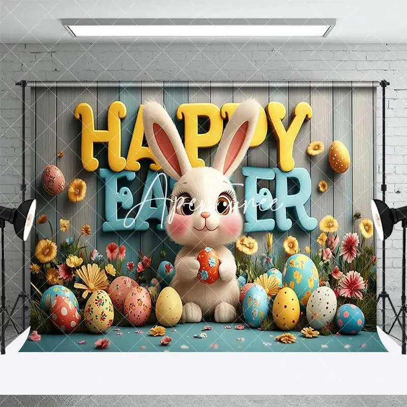Aperturee Wood Wall Bunny Color Eggs Floral Easter Backdrop, 3X2FT(1MX0.6M), 14 USD, easter backdrops, ZHF437A-M