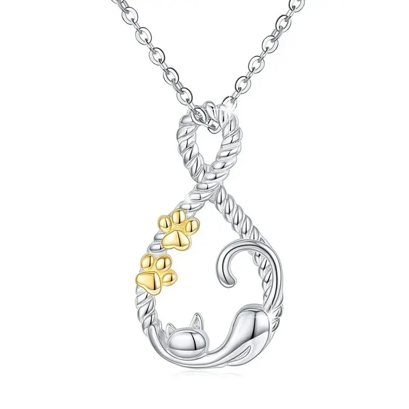 Sterling Silver Two-Tone Cat Paw And Infinity Symbol Pendant Necklace For Women