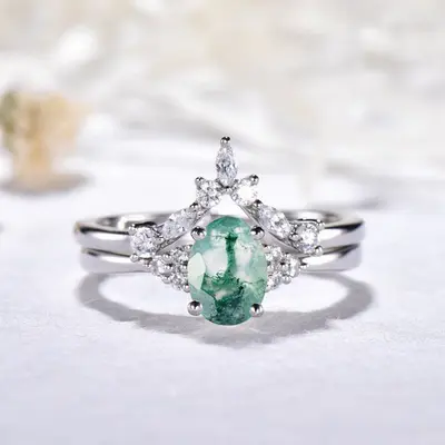 White Gold Moss Agate Wedding Set Diamond Ring