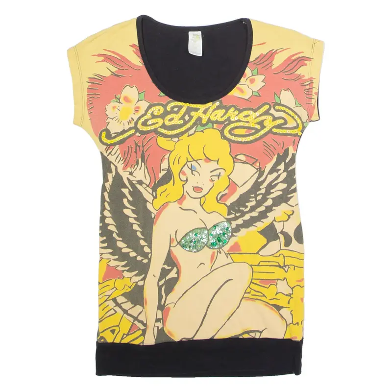 ED HARDY Rhinestone Pin-Up Womens T-Shirt Yellow S