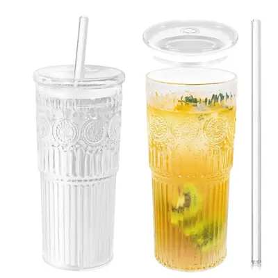 Glass Cups with Lids and Glass Straws, High Borosilicate 24OZ Tumblers (2Pcs) for Coffee, Tea, Juice, Smoothies, Hot/Cold Dri...