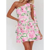 Women`s one shoulder floral dress, fashion comfort printing mini dress for daily outdoor wear, ladies clothes for beach vacat...