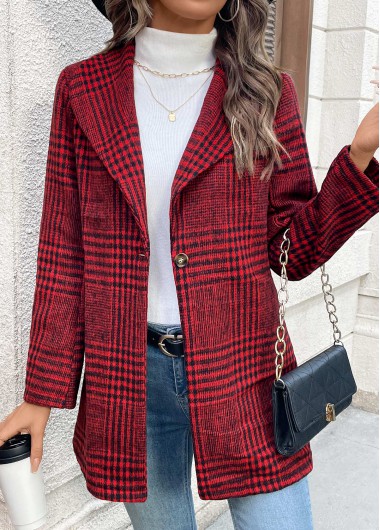 Modlily Wine Red Button Plaid Long Sleeve Lapel Coat - S