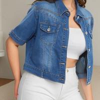 Women's short sleeved denim jacket, women's casual dress denim jacket top coat