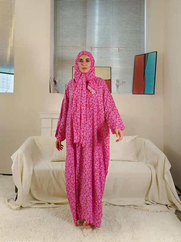 Women's Ditsy Floral Print Bishop Sleeve Hooded Kaftan, Elegant Long Sleeve Maxi Muslim Dress, Muslim Clothing for Women