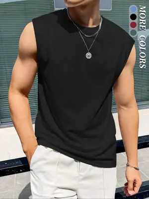 Men's Loose Solid Round Neck Tank Top, Casual Streetwear Sleeveless Top for Summer, Summer Outfits for Men, Fashion Men's Clo...