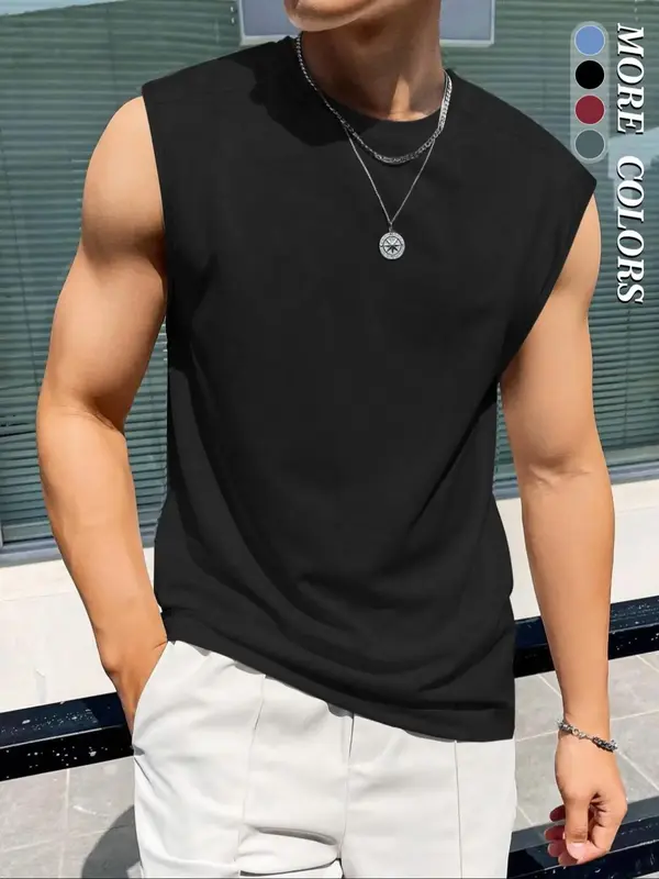 Men's Loose Solid Round Neck Tank Top, Casual Streetwear Sleeveless Top for Summer, Summer Outfits for Men, Fashion Men's Clo...