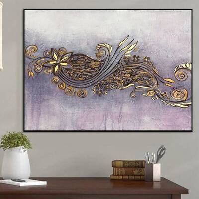 Purple Painting Gold Patterns on Canvas Original Design Art Oil Painting on Canvas Gold Leaf Wall Art Modern Painting | PURPL...