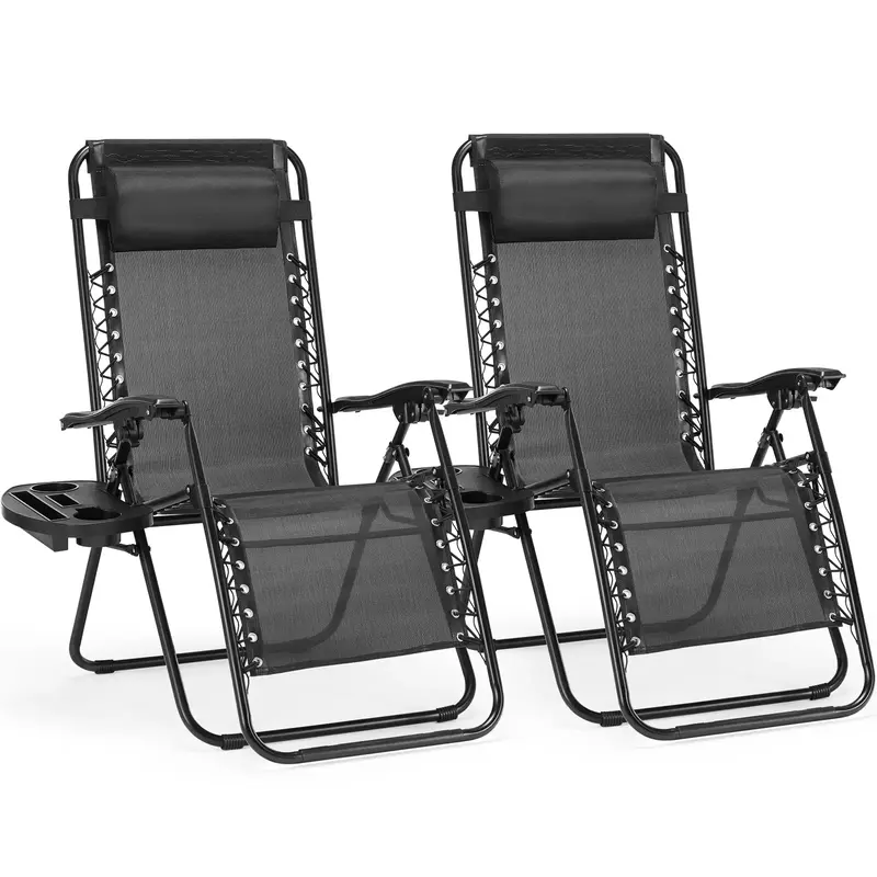 2-Piece Zero Gravity Patio Lounge Chairs | Adjustable Folding Recliners with Pillow and Cup Holder for Beach or Pool, Black/B...