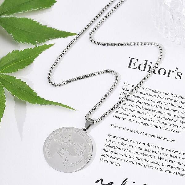 304 Stainless Steel Flat Round with Boy Pendant Box Chain Necklaces for Women Men