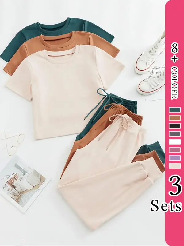 Women's Solid Short Sleeve Tee & Drawstring Pants Lounge Sets, Summer Clothes, Halloween Print Lounge Sets, Back-to-school C...