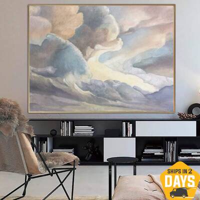 Large Abstract Clouds Painting on Canvas Neutral Wall Art Pastel Colors Painting Light Blue Artwork for Aesthetic Room Decor ...