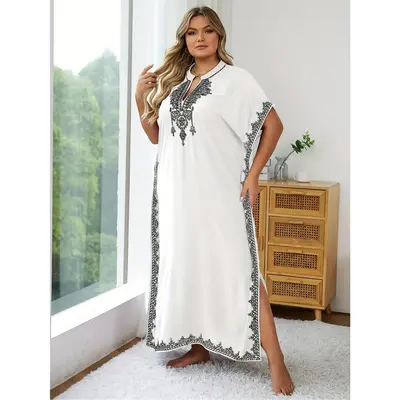 [Long V-neck ethnic kaftan dress] WOMEN'S long robe dress V-neck ethnic print kaftan dresses for women embroidery loose home ...