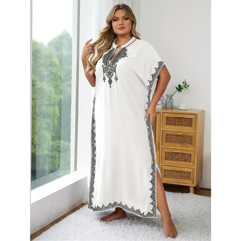 [Long V-neck ethnic kaftan dress] WOMEN'S long robe dress V-neck ethnic print kaftan dresses for women embroidery loose home ...
