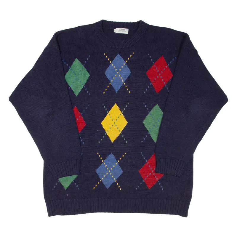 ST BERNARD Mens Patterned Jumper Blue Argyle 90s Tight Knit L