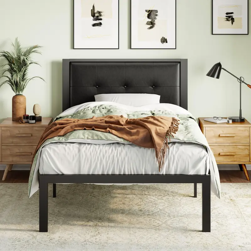 MUTICOR Twin/Full/Queen/King Size Bed Frame with Upholstered Headboard, 【Frame Only No Mattress】Button Tufted Square Stit...