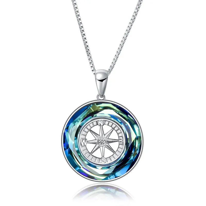 Sterling Silver Circular Shaped Compass Crystal Pendant Necklace