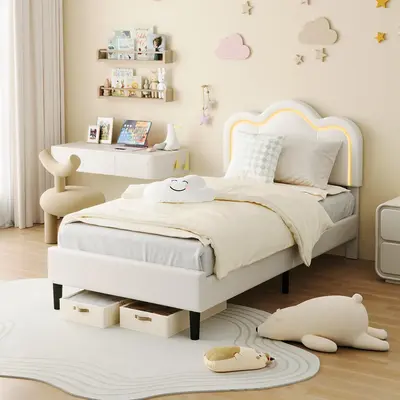 Garvee Twin Upholstered Smart LED Bed Frame with Adjustable Hill Headboard, Velvet Princess Platform Bed Frame for Kids/Girls...