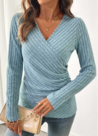 Modlily Dusty Blue Surplice Long Sleeve V Neck T Shirt - M