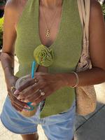 Women's Plain Floral Design Knit Halter Neck Top, Casual Sleeveless Knitwear for Summer, Fashion Women's Knit Clothing for Da...