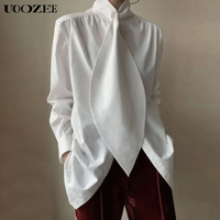 UOOZEE Women's White Loose Designer Tops - Comfortable Non-Stretch Fabric, Fitted Long Sleeve Blouse, Minimalist Style, Casua...
