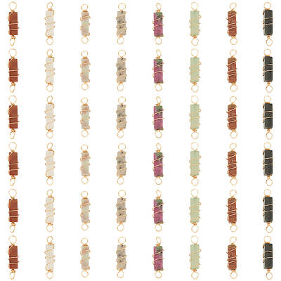 48Pcs 8 Colors Natural Mixed Gemstone Brass Wire Wrapped Column Connector Charms