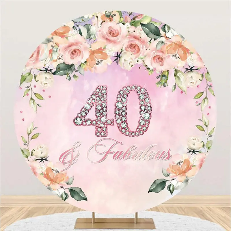 Aperturee Pink Floral Diamond 40th Round Birthday Party Backdrop