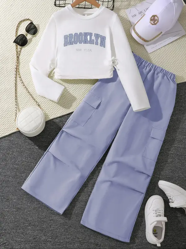 Two-piece Set Girl's Letter Print Crop Tee & Pocket Cargo Pants Set, Casual Fashion Round Neck Long Sleeve Top & Trousers for...