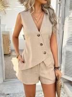 Two-Piece Set Women's Solid Button Front Vest & Elastic Waist Shorts, Casual Asymmetrical Hem Sleeveless Top & Pocket Shorts,...