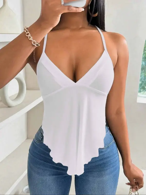 Women's Plain Lace Up Backless Asymmetrical Hem Cami Top, Casual Sleeveless V Neck Top for Summer, Ladies Clothes for Daily...