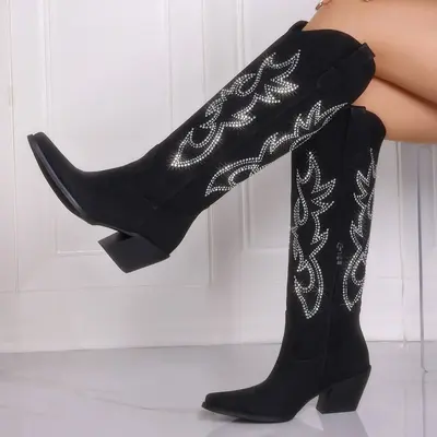 Cowboy Boots For Woman with Classic Embroidered, Middle Calf Slip On Pointed Toe Chunky Heel Fashion Retro Classic Pull On Ta...
