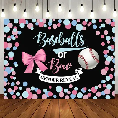 Baseballs Or Bow Colorful Dot Gender Reveal Backdrop