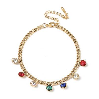 304 Stainless Steel Rhinestone Flat Round Charm Bracelets