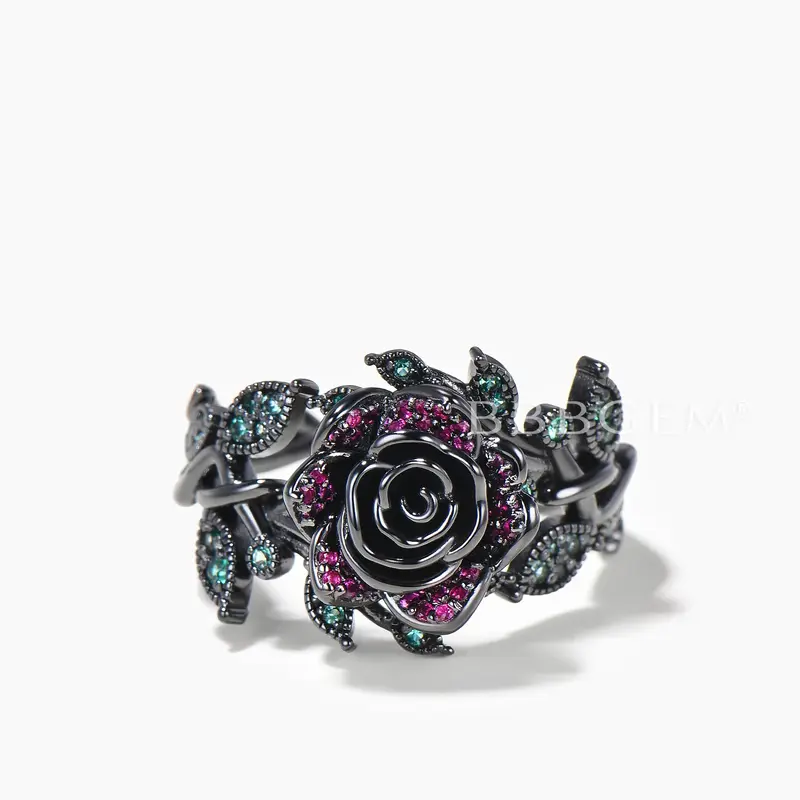 Black Gold Flower Ring Ruby Emerald Nature Inspired Twisted Engagement Ring