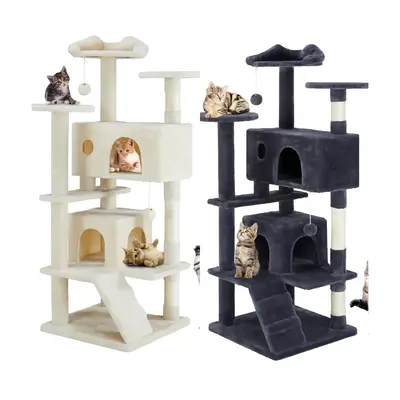 Multi-Functional Cat Climbing Frame - Plush Multi-Level Cat Tree with 5 Scratching Posts, 2 Perches, 2 Caves, Hammock & Pompo...