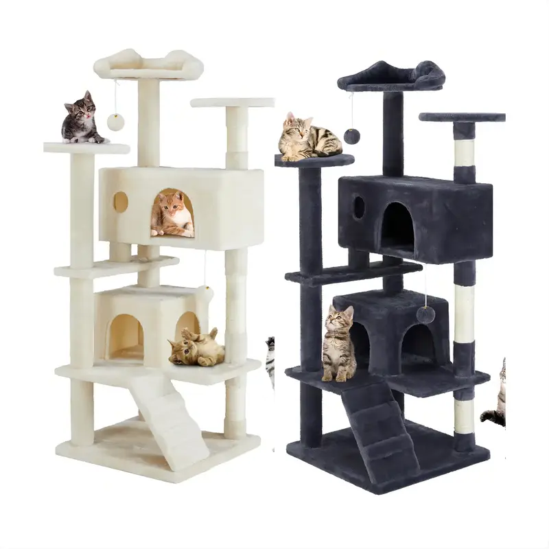 Multi-Functional Cat Climbing Frame - Plush Multi-Level Cat Tree with 5 Scratching Posts, 2 Perches, 2 Caves, Hammock & Pompo...