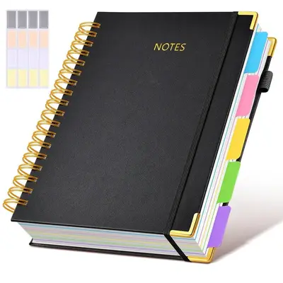 Hardcover Spiral Notebook journal with Removable Dividers Tabs, 300 Pages Leather 5 Subject Notebook College Ruled, 8\